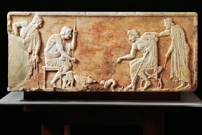 Stel, der viser kamp mellem hund og kat, 510 f.Kr. (relief) af Greek