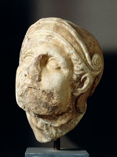 Krigerhoved af Skopas (340-420 f.Kr.) foran Athena Alea-templet i Tegea, 4. århundrede f.Kr. (foto) af Greek