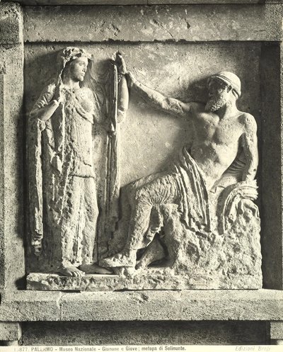 Zeus og Hera, metope fra Temple E i Selinunte, Sicilien (marmor) (s/h foto) af Greek