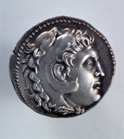 Alexander den Store Tetradrachm viser hovedet af Herakles iført en hovedbeklædning af løveskind af Greek School