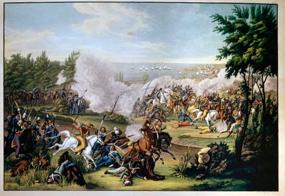 Slaget ved Missolonghi, Grækenland, i 1822, forsvaret af Botzaris, der dør i konflikten mod tyrkerne fra Omar Brionis (grækernes sejr) (gravering) af Greek School