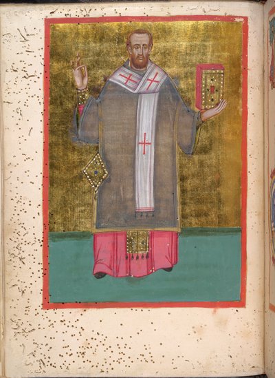 Egerton 2392, f.5v, Miniature af en stående John Chrysostom, der holder en bog, fra 