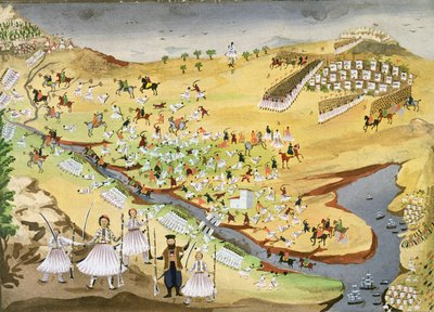 Første slag mellem grækere og tyrkere, ved Alamana-broen i 1821, fra den græske uafhængighedskrigs billedhistorie af Greek School
