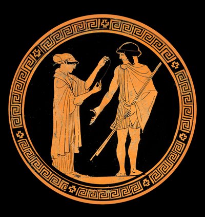 Galant samtale, dekoration af en keramik med røde figurer. 5. århundrede f.Kr. (keramik) af Greek School