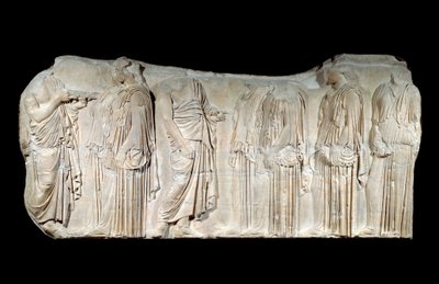 Græsk kunst: fragment af Parthenon-frisen: procession af festen for de Store Panathenees: autorisatorer og ergastiner. Klassisk periode. Paris, Louvre-museet af Greek School