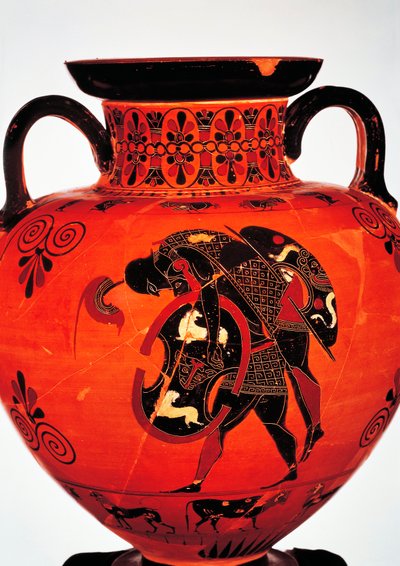 Græsk civilisation, 6. århundrede f.Kr. Sort-figur keramik. Amfora, der forestiller Ajax, der bærer liget af Achilleus. af Greek School