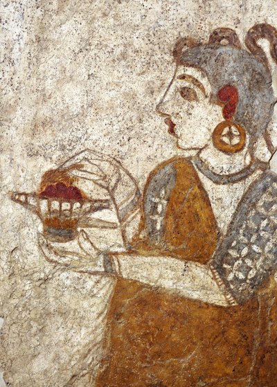 Græsk civilisation, fresko, der viser præstinde, der brænder røgelse, fra Akrotiri, Thera Island, Santorini, Grækenland af Greek School
