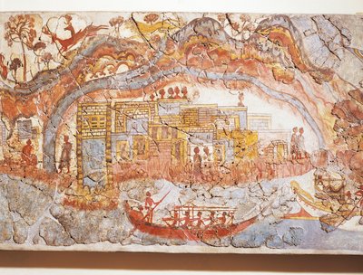 Græsk civilisation, fresko, der viser skibsoptog, fra Akrotiri, Thera Island, Santorini, Grækenland af Greek School