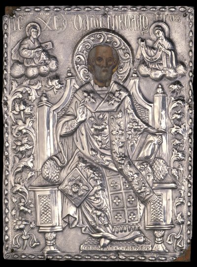 Ikon af St. Nicholas med sølvstøbning, 1768 (ægtempera og kobber på træ) af Greek School