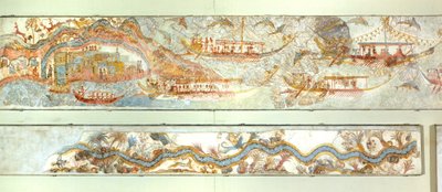 Søekspeditioner og flodlandskab, Akrotiri fresco, Thera (i dag Santorini), Grækenland, minoisk civilisation af Greek School