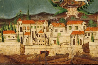 Pelmet, der afbilder Grækenlands genfødsel, detalje i Konstantinopel, fra Syros, Kykladerne (ægtempera på træ) af Greek School