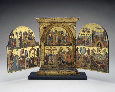 Opdragelse af Lazarus; Indrejse i Jerusalem; Korsfæstelse; Kristi nedstigning til helvede (centralpanel), anden halvdel af 1500-tallet (tempera med bladguld på træ) af Greek School