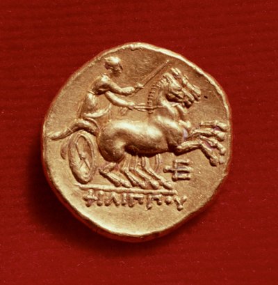 Bagsiden af en stater af Filip II (382-336 f.Kr.) af Makedonien, der forestiller en vognmand, 356-336 f.Kr. (guld) af Greek School