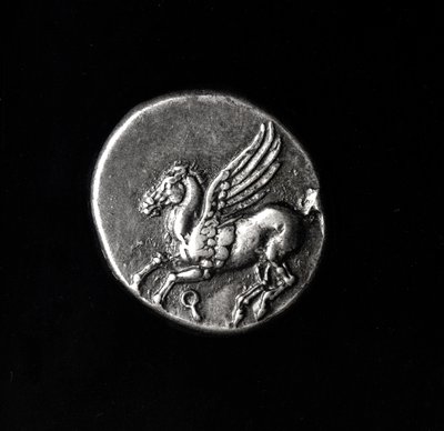 Bagsiden af en mønt forestillende Pegasus, fra Korinth, 700-300 f.Kr. (metal) af Greek School