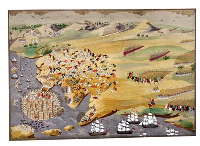 Forskellige belejringer af Missolonghi og Lord Byrons død (1788-1824) i 1824 fra den græske uafhængighedskrigs billedhistorie af Greek School