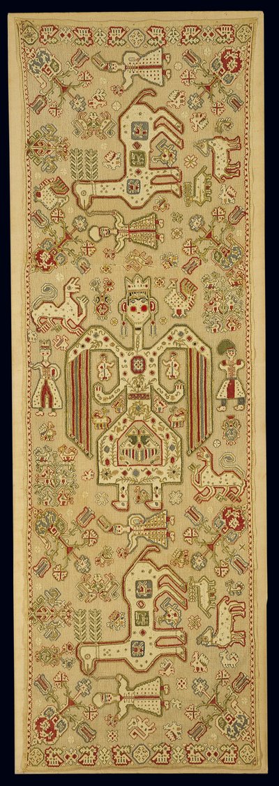 Brudepudebetræk, fra Lefkas, De Ioniske Øer, 1600-1700-tallet (linned broderet med silke og guld metallisk tråd) af Greek School