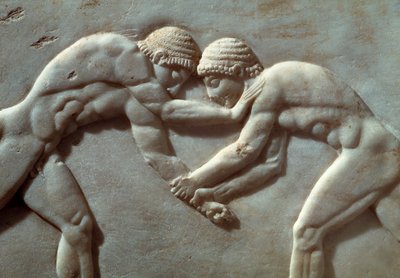 Konkurrence mellem atleter, relief fra Kerameikos nekropolis i Athen, Grækenland, detalje, græsk civilisation, 6. århundrede f.Kr. af Greek School