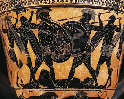 Græsk civilisation, keramik med sorte figurer, Krater, der skildrer kampen om liget af Patroclus, Fra Farsala, Grækenland af Greek School