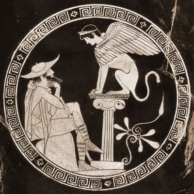 Ødipus besvarer spørgsmål om sfinksen i Theben, 5. århundrede f.Kr. (keramik) af Greek School