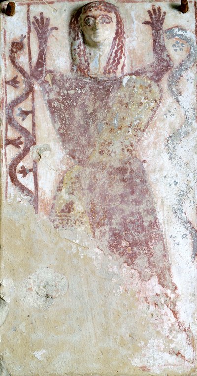 Polykrom maleri på pinax og relief, der viser feminin guddom med slange fra Agora