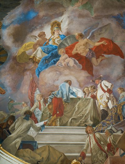 Et geni anbefaler en gruppe østrigske generaler til Minerva, gudinden for militærvidenskab (ca. ... af Gregorio Guglielmi