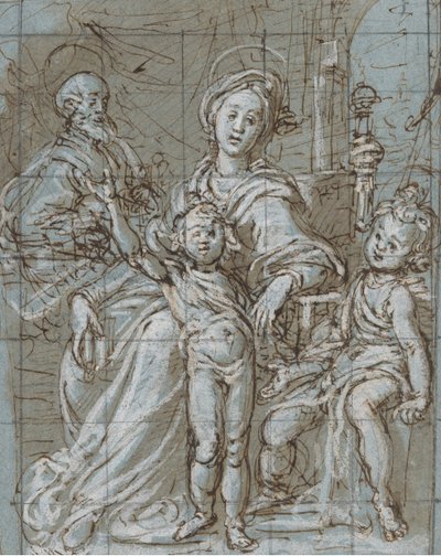 Hellig familie med spædbarnet Sankt Johannes Døberen recto, beskårne skitser i stor skala..., 1590-92. af Gregorio Pagani
