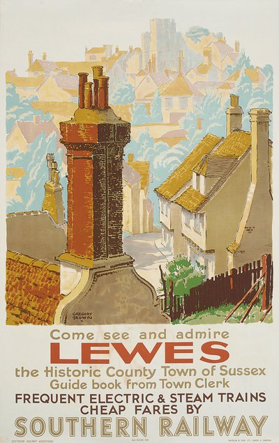 Lewes, plakat, der reklamerer for Southern Railway (farve litho) af F. Gregory Brown