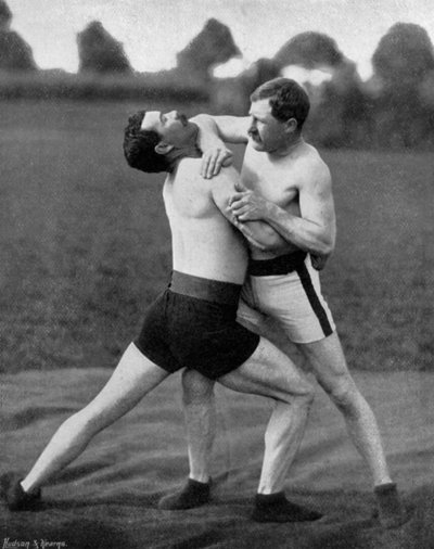 The body holt and neck double, wrestling display, Aldershot, Hampshire, 1896 af Gregory and Co