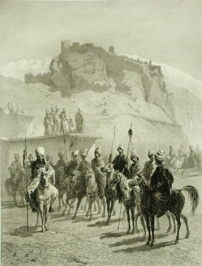 Castle of Atskhour, Akhaltsik, plade 10 fra en bog om Kaukasus, indgraveret af Adolphe Mouilleron (1820-81) udgivet af Alfred Leon Lemercier, Paris af Grigori Grigorevich (after) Gagarin