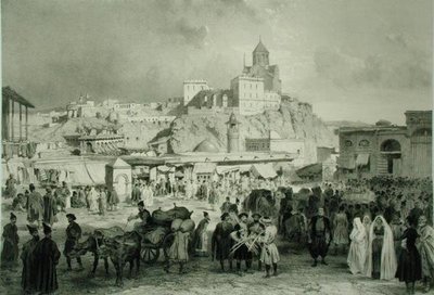Bazaren på Maidan Square, Tiflis, Georgia, plade 25 fra en bog om Kaukasus, indgraveret af Adolphe Jean-Baptiste Bayot (1810-66) og Eugene Ciceri (1813-90), udgivet af Alfred Leon Lemercier, Paris af Grigori Grigorevich (after) Gagarin