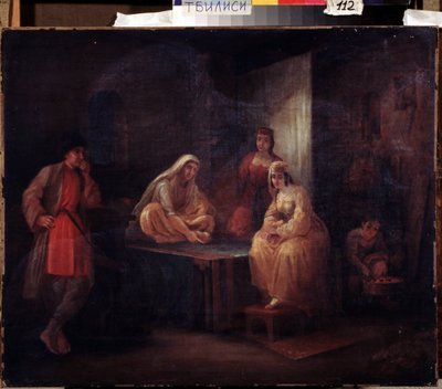 På værelset. Orientalistisk scene med Shamakha-dansere i Aserbajdsjan samlet i et harem. Maleri af Grigori Grigorievich Gagarin (1810-1893), olie på lærred, russisk kunst fra det 19. århundrede. Statens georgiske kunstmuseum, Tbilisi (Georg af Grigori Grigorevich Gagarin