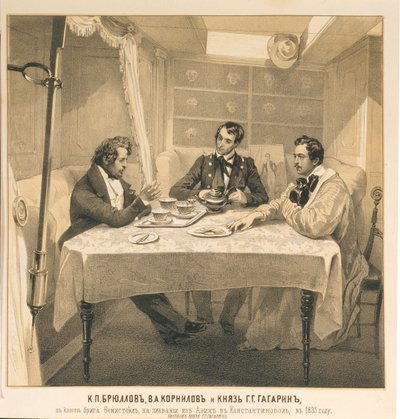 Karl Bryullov, Vladimir Kornilov og grev Grigori Gagarin ombord på briggen Themistokles, 1835 af Grigori Grigorevich Gagarin