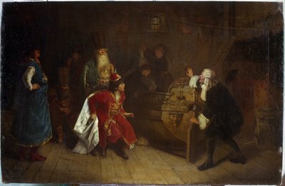 Bedstefaren til den russiske flåde. (Den russiske flådes bedstefader). Scene fra Peter I den Stores barndom (1672-1725) i sin bedstefar Nikita Romanovs (?) hus opdagede han en engelsk kano, som var oprindelsen til hans passion for navigation. Malet af Grigori Grigoryevich Myasoedov