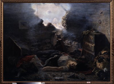 Belejringen af ​​Sevastopol (Ukraine) (Belejringen af ​​Sevastopol). Beskrivelse af Krimkrigens (1853-1856) grusomheder under episoden af ​​belejringen af ​​Sebastopol i 1854. Ligene af en kvinde og hendes baby ligger på gulvet i deres hus med den revnede  af Grigori Grigoryevich Myasoedov