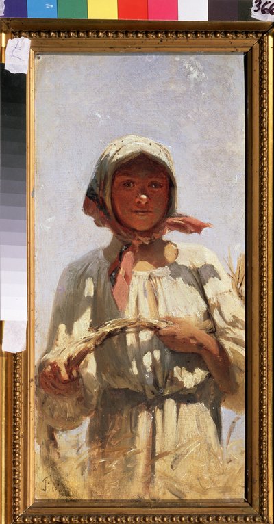 En mejer. Portræt af en ung bondekvinde i traditionel dragt, i en hvedemark midt om sommeren til høsten. Maleri af Grigori (Grigoriy, Grigory) Grigoryevich Myasoyedov (Myasoedov, Miasoedov) (1834-1911), olie på lærred. art ru af Grigori Grigoryevich Myasoedov