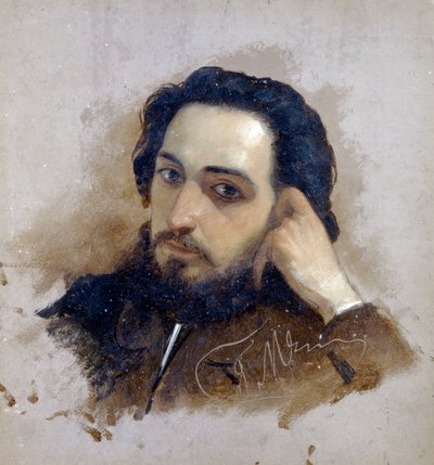 Portræt af Vsevolod Mikhailovitch Garchine (1855-1888), ecrivain russe (Portræt af forfatteren Vsevolod Garshin). Peinture de Grigori (Grigoriy, Grigory) Grigoryevich Myasoyedov (Myasoedov, Miasoedov) (1834-1911) - Huile sur karton - Kislovodsk, Museum N. af Grigoriy Myasoyedov