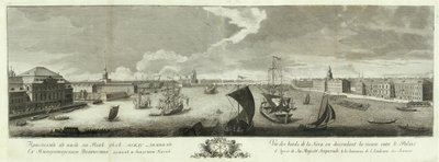 Udsigt over Neva nedstrøms mellem Vinterpaladset og Videnskabsakademiets bog til 50-årsdagen for Skt. Petersborg, 1753 af Grigory Anikeevich Kachalov