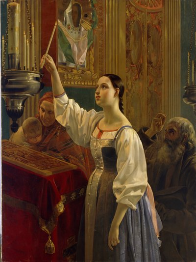 Ung pige placerer et stearinlys foran et ikon. (Pige placerer et stearinlys før ikonet). I en ortodoks kirke, skærtorsdag i påskeugen. Maleri af Grigori Karpovich Mikhaylov (Mikhailov) (1814-1867), olie på lærred af Grigory Mikhailov