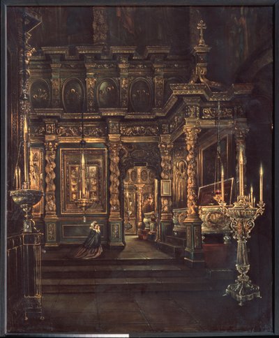 In the Assumption of the Blessed Virgin Cathedral in Rostov (In the Assumption of the Blessed Virgin Cathedral in Rostov) - Maleri af Grigori Vasilyevich Yurov (?-efter 1896), olie på lærred af Grigory Vasilievich Yurov