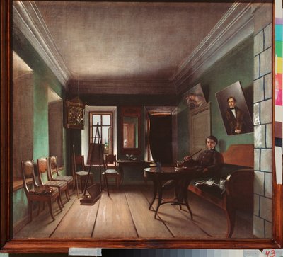 Interiør af Bykovs Hus - Maleri af Grigori Vasilyevich Yurov (?-efter 1896), olie på lærred, ca. 1850, russisk kunst af Grigory Vasilievich Yurov