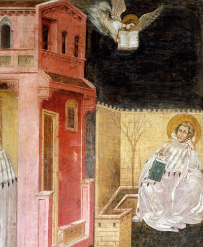 Englens tilsynekomst, detalje fra Vision of St Augustine, scene fra Stories of St Philip and St Augustine, af Guariento (aktiv siden 1338, død ca. 1367), fresco, Eremitani-kirken (Hermitterne), Padua, Veneto. Italien af Guariento di Arpo
