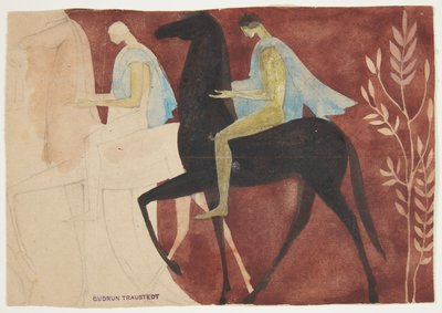 To ynglinge til hest. Udkast til rumudsmykning af Gudrun Traustedt
