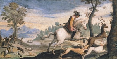 Jagt på hjorte og vildsvin, af Giovanni Francesco Barbieri, kendt som Guercino (1591-1666), fresco, 53x101 cm af Guercino