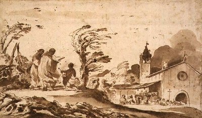 PD.1-1987 Landskab med et begravelsesoptog (blæk og vask) af Guercino