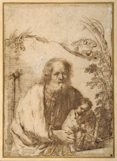 St. Joseph og Kristusbarnet griber en kvist af et æbletræ (pen og blæk på papir) af Guercino