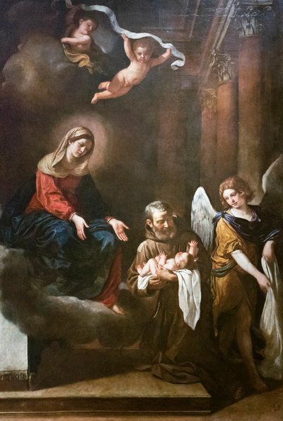 Madonnaen med fra Felice da Cantalice, spædbarnet Jesus og en engel, Guercino af Guercino (1591-1666)