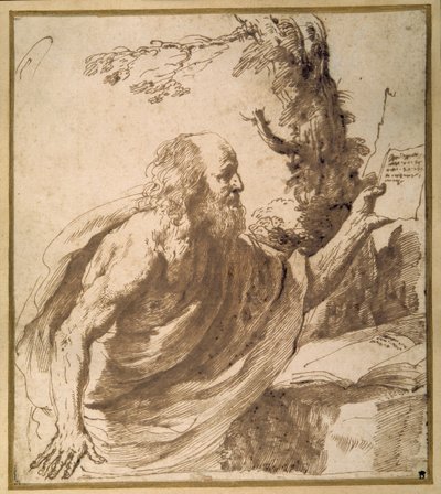 En helgen, der læser i ørkenen (pen og blæk på papir) af Guercino