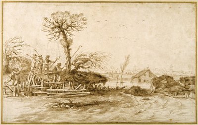 En flod i oversvømmelse, og bønder med økser og andre værktøjer (pen og blæk over kridt på papir) af Guercino