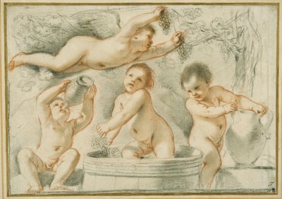 Allegori om vinfremstilling (rød og sort kridt med blæk på papir) af Guercino