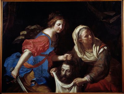 Judith og Holofernes hoved. Hans tjenerinde Abra holder posen, mens Judith lægger hovedet af manden. Maleri af Giovanni Francesco Barbieri dit Guercino (The Guerchin af Guercino